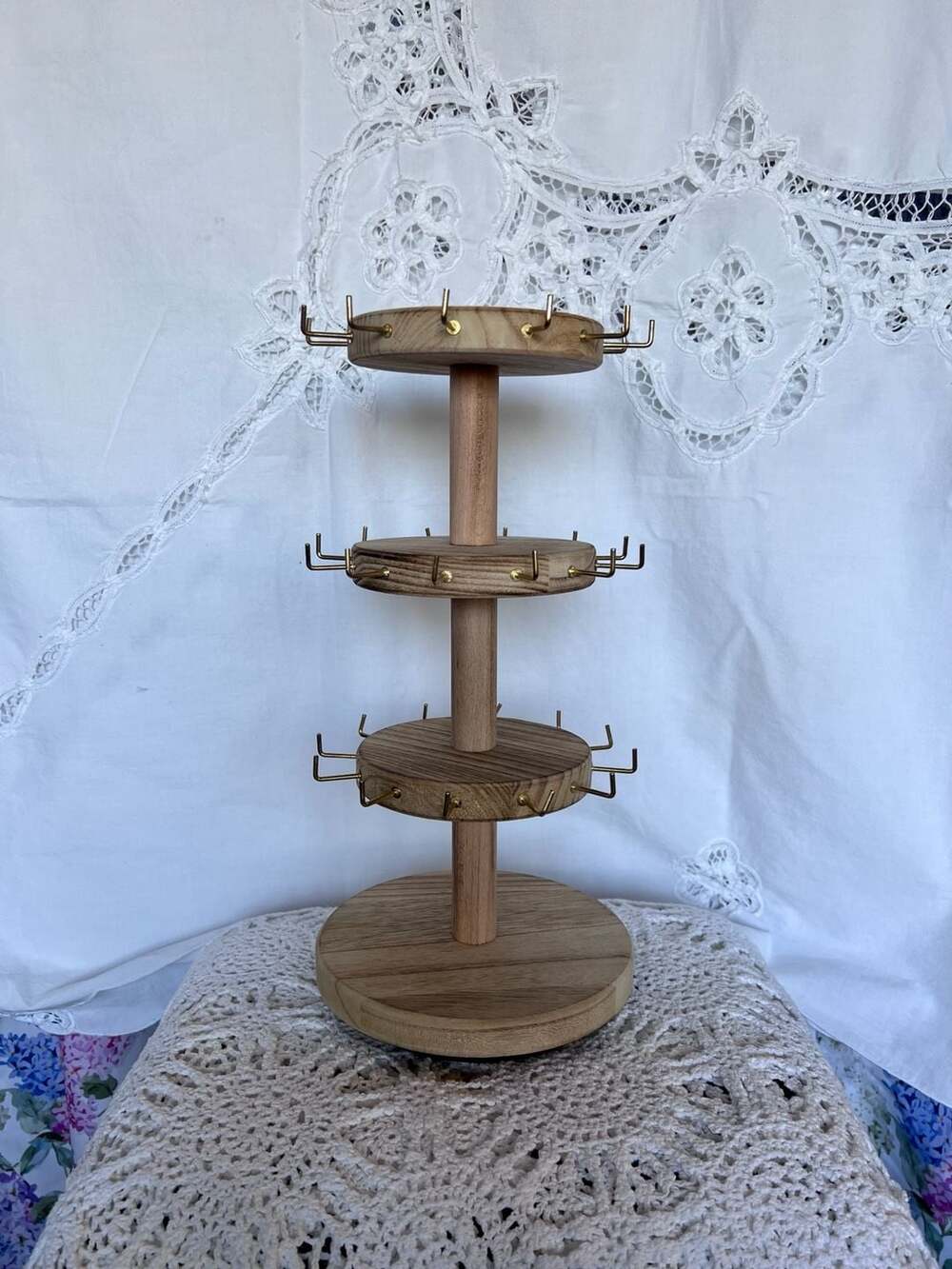 3-Tier Rotating Wooden Jewelry Tower Organizer with Gold Hooks